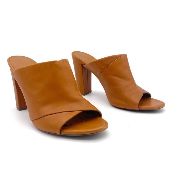 Vince Heath Leather Peep Toe High Block Heeled Mule Cognac Brown Women’s Size 8 - Picture 1 of 16